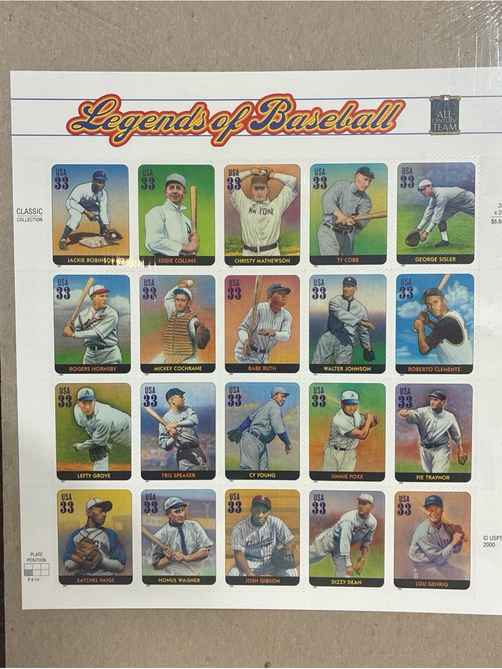 USPS 20 LEGENDS OF BASEBALL 33 CENT STAMPS Ruth Robinson Paige Gehrig Cobb Dean